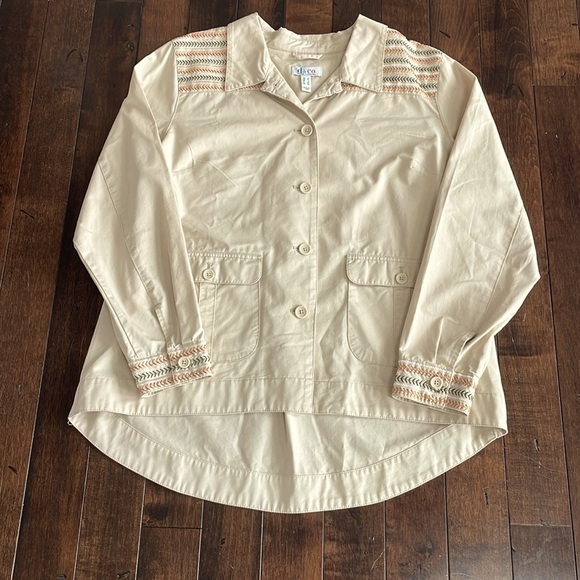 Denim & Co. Cotton Lightweight Jacket Button up High Low Tan Embroidered Size L - Picture 1 of 9